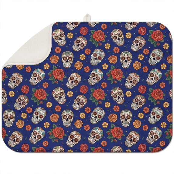 Blue Skull Rose Flower Pattern Dish Drying Mat for Kitchen 1 Pack, Ultra Absorbent Microfiber Dishes Drainer Mats,18"x24"