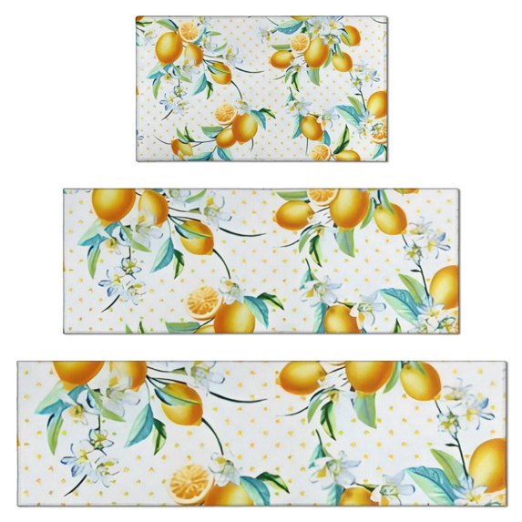 Yellow Lemon Flowers White Pattern Kitchen Rugs Sets Of 3,Kitchen Runner Rugs Non Skid Washable,Decorative Kitchen Floor Mats for Kitchen,Sink,Laundry,17"x30"+ 17"x47" + 17"x59"