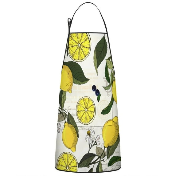Yellow Lemon Fruit Berries Beige Pattern Apron-Garden Aprons for Women with Pockets-Cotton Linen Waterproof Kitchen Cooking Gardening Aprons Adjustable for Kitchen,Cooking,BBQ and Salon 33x27 Inch