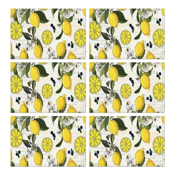 Yellow Lemon Fruit Berries Beige Pattern Summer Placemats Table Placemats Set Of 6-Linen Kitchen Washable Placemats Table Mats 11.8"x17.7" Non-Slip Heat Resistant