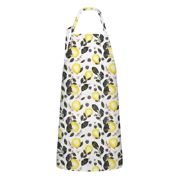 Yellow Lemon Fruit Berries White Pattern Apron-Garden Aprons for Women with Pockets-Cotton Linen Waterproof Kitchen Cooking Gardening Aprons Adjustable for Kitchen,Cooking,BBQ and Salon 33x27 Inch