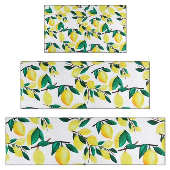 Yellow Lemon Fruit Branches White Pattern Kitchen Rugs Sets Of 3,Kitchen Runner Rugs Non Skid Washable,Decorative Kitchen Floor Mats for Kitchen,Sink,Laundry,17"x30"+ 17"x47" + 17"x59"