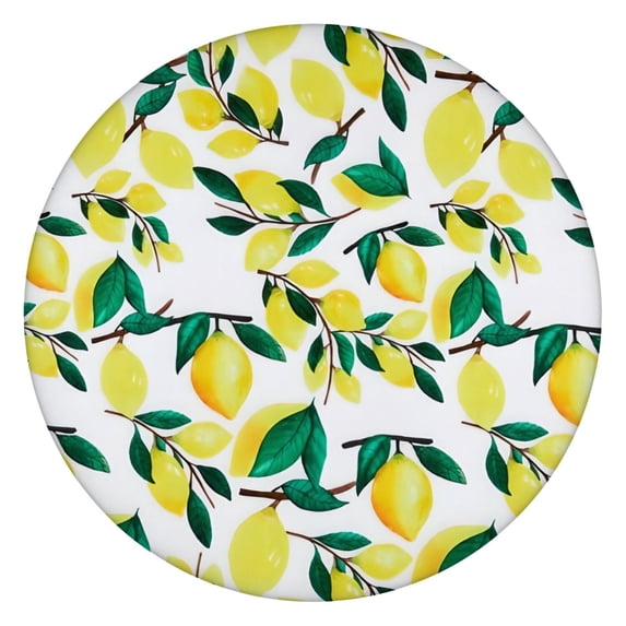 Yellow Lemon Fruit Branches White Pattern Round Fitted Tablecloth with Elastic Edge,Dining Table Cover Waterproof,Outdoor Round Tablecloth for Camping,Dining,Indoor and Outdoor
