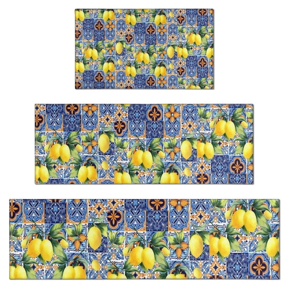 Yellow Lemon Fruit Clusters Blue Pattern Kitchen Rugs Sets Of 3,Kitchen Runner Rugs Non Skid Washable,Decorative Kitchen Floor Mats for Kitchen,Sink,Laundry,17"x30"+ 17"x47" + 17"x59"