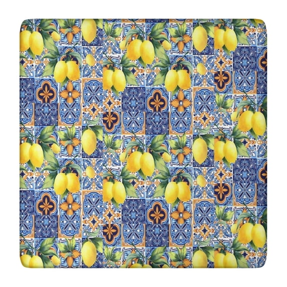 Yellow Lemon Fruit Clusters Blue Pattern Square Fitted Tablecloth with Elastic Edge,Square Table Cover,Washable Elastic Table Cover for Home Kitchen Party Decor 36"x36"
