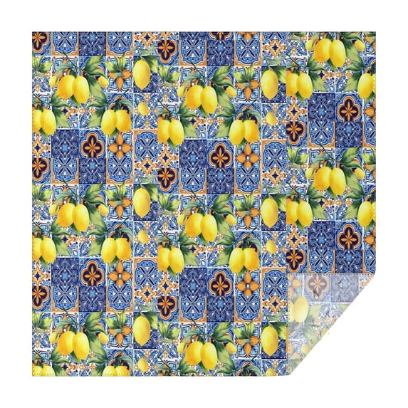 Yellow Lemon Fruit Clusters Blue Pattern Square Tablecloth,Waterproof Square Table Cover,Wipeable Spillproof Washable Table Cover for Home Kitchen Party Decor 52"x52"(132x132cm)