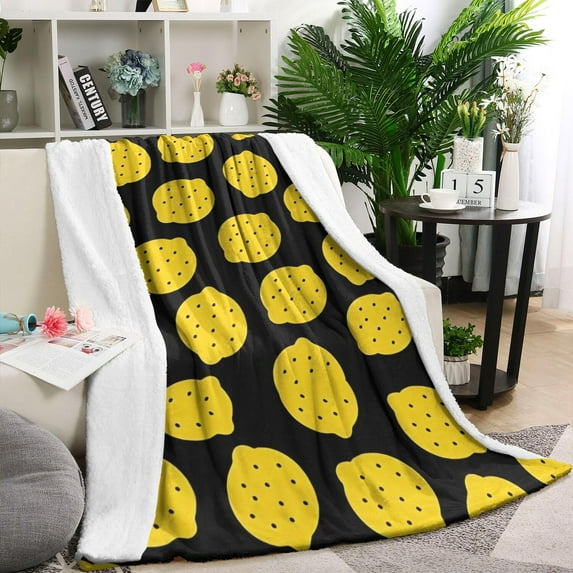 Yellow Lemon Fruit Dots Black Pattern Blanket,Comfortable Soft Flannel Throw Blanket,All Season,Warm Lightweight Blankets for Sofa Bed Couch Living Room Chair,40"x50"