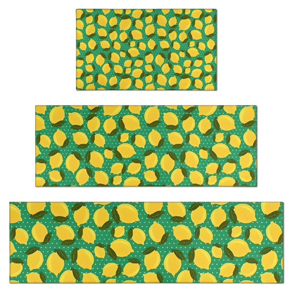 Yellow Lemon Fruit Dots Green Pattern Kitchen Rugs Sets Of 3,Kitchen Runner Rugs Non Skid Washable,Decorative Kitchen Floor Mats for Kitchen,Sink,Laundry,17"x30"+ 17"x47" + 17"x59"