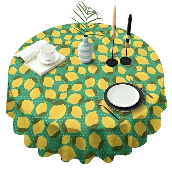 Yellow Lemon Fruit Dots Green Pattern Round Tablecloth 60"x60",Wrinkle Wipeable Table Cloth for Kitchen Dining Room Picnic Patio Party
