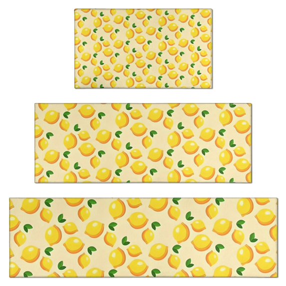 Yellow Lemon Fruit Dots LightYellow Pattern Kitchen Rugs Sets Of 3,Kitchen Runner Rugs Non Skid Washable,Decorative Kitchen Floor Mats for Kitchen,Sink,Laundry,17"x30"+ 17"x47" + 17"x59"