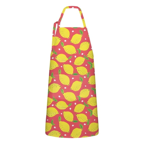 Yellow Lemon Fruit Dots Red Pattern Apron-Garden Aprons for Women with Pockets-Cotton Linen Waterproof Kitchen Cooking Gardening Aprons Adjustable for Kitchen,Cooking,BBQ and Salon 33x27 Inch