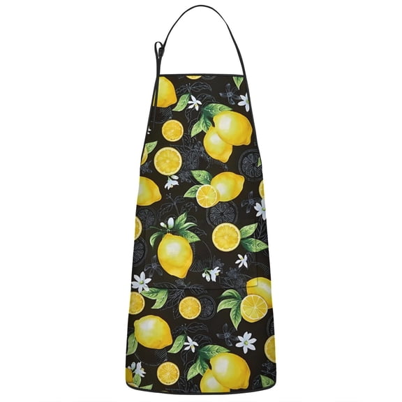 Yellow Lemon Fruit Flowers Black Pattern Apron-Garden Aprons for Women with Pockets-Cotton Linen Waterproof Kitchen Cooking Gardening Aprons Adjustable for Kitchen,Cooking,BBQ and Salon 33x27 Inch