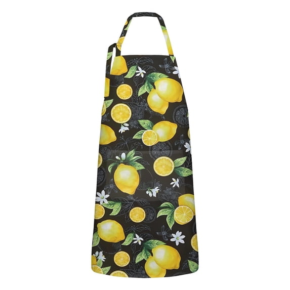 Yellow Lemon Fruit Flowers Black Pattern Apron-Garden Aprons for Women with Pockets-Cotton Linen Waterproof Kitchen Cooking Gardening Aprons Adjustable for Kitchen,Cooking,BBQ and Salon 33x27 Inch
