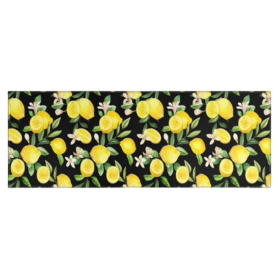 Yellow Lemon Fruit Flowers Black Pattern Kitchen Rug Mat,Kitchen Runner Rugs Non Skid Washable,Decorative Kitchen Floor Mats for Kitchen,Sink,Laundry,17"X47"