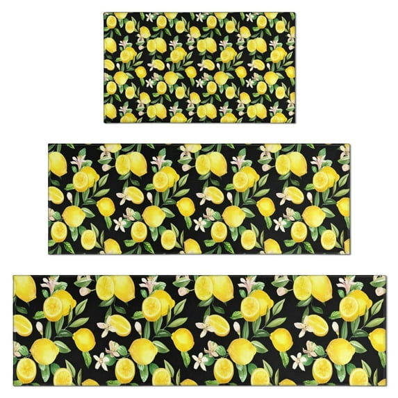 Yellow Lemon Fruit Flowers Black Pattern Kitchen Rugs Sets Of 3,Kitchen Runner Rugs Non Skid Washable,Decorative Kitchen Floor Mats for Kitchen,Sink,Laundry,17"x30"+ 17"x47" + 17"x59"