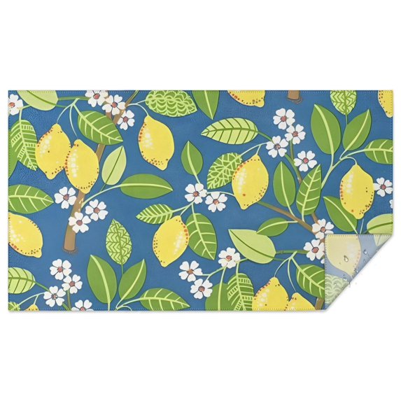 Yellow Lemon Fruit Flowers Blue Pattern Rectangle Tablecloth 60"x102",Waterproof Polyester Rectangle Table Cloth, Wipeable Spillproof Polyester Tablecloth for Dining, Camping, Indoor and Outdoor