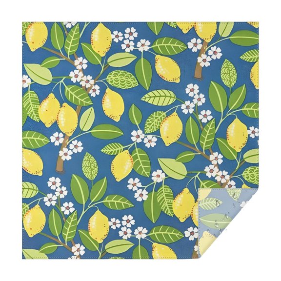 Yellow Lemon Fruit Flowers Blue Pattern Square Tablecloth,Waterproof Square Table Cover,Wipeable Spillproof Washable Table Cover for Home Kitchen Party Decor 60"x60"(152x152cm)