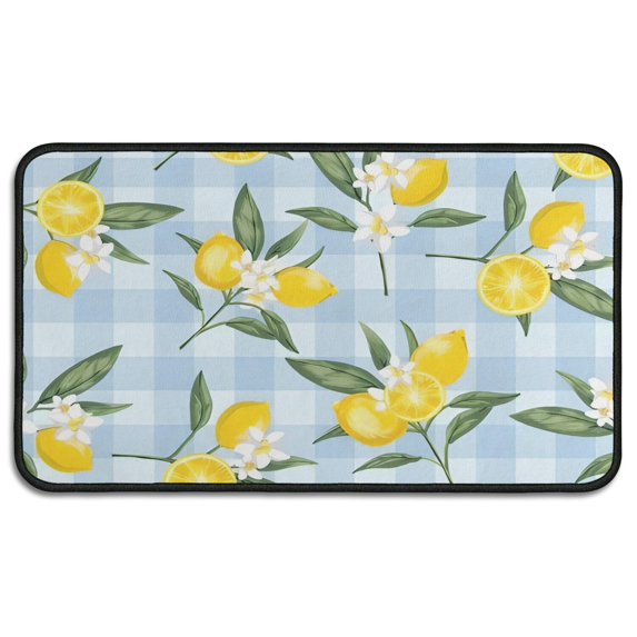 Yellow Lemon Fruit Flowers BlueWhite Pattern Door Rugs,Washable Non Slip Door Mats Indoor,Decorative Door Mats,Entry Mat Indoor for Entrance,Bedroom,Kitchen,Bathroom,30"x17"