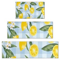 Yellow Lemon Fruit Flowers BlueWhite Pattern Kitchen Rugs Sets Of 3,Kitchen Runner Rugs Non Skid Washable,Decorative Kitchen Floor Mats for Kitchen,Sink,Laundry,17"x30"  17"x47"   17"x59"