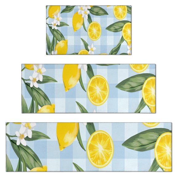 Yellow Lemon Fruit Flowers BlueWhite Pattern Kitchen Rugs Sets Of 3,Kitchen Runner Rugs Non Skid Washable,Decorative Kitchen Floor Mats for Kitchen,Sink,Laundry,17"x30"+ 17"x47" + 17"x59"