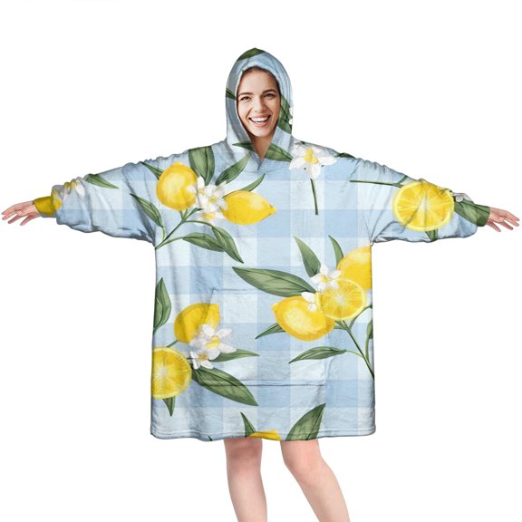 Yellow Lemon Fruit Flowers BlueWhite Pattern Wearable Oversized Blanket,Wearable Blanket Hoodie for Adults,Cozy Hooded Blankets with Super Pockets,Super Warm Fuzzy Pullover for Women & Men