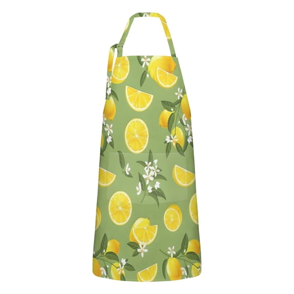 Yellow Lemon Fruit Flowers Green Pattern Apron-Garden Aprons for Women with Pockets-Cotton Linen Waterproof Kitchen Cooking Gardening Aprons Adjustable for Kitchen,Cooking,BBQ and Salon 33x27 Inch