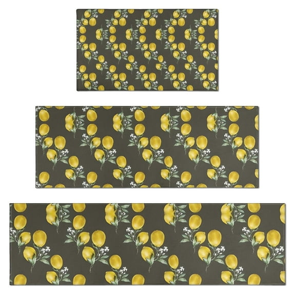 Yellow Lemon Fruit Flowers Kitchen Rugs Sets Of 3,Kitchen Runner Rugs Non Skid Washable,Decorative Kitchen Floor Mats for Kitchen,Sink,Laundry,17"x30"+ 17"x47" + 17"x59"