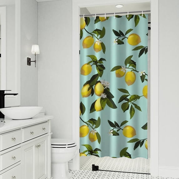 Yellow Lemon Fruit Flowers LightBlue Pattern Shower Curtain 36"x72" ,Bathroom Decorative Shower Curtains Set with 12 Hooks,Modern Waterproof Washable Shower Curtain
