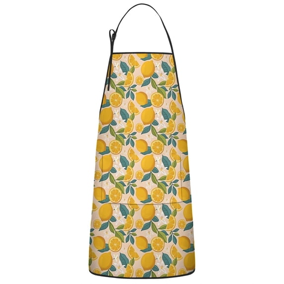 Yellow Lemon Fruit Flowers Pink Pattern Apron-Garden Aprons for Women with Pockets-Cotton Linen Waterproof Kitchen Cooking Gardening Aprons Adjustable for Kitchen,Cooking,BBQ and Salon 33x27 Inch