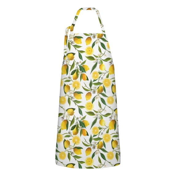 Yellow Lemon Fruit Flowers White Pattern Apron-Garden Aprons for Women with Pockets-Cotton Linen Waterproof Kitchen Cooking Gardening Aprons Adjustable for Kitchen,Cooking,BBQ and Salon 33x27 Inch