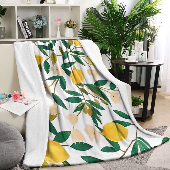 Yellow Lemon Fruit Flowers White Pattern Blanket,Comfortable Soft Flannel Throw Blanket,All Season,Warm Lightweight Blankets for Sofa Bed Couch Living Room Chair,60"x80"