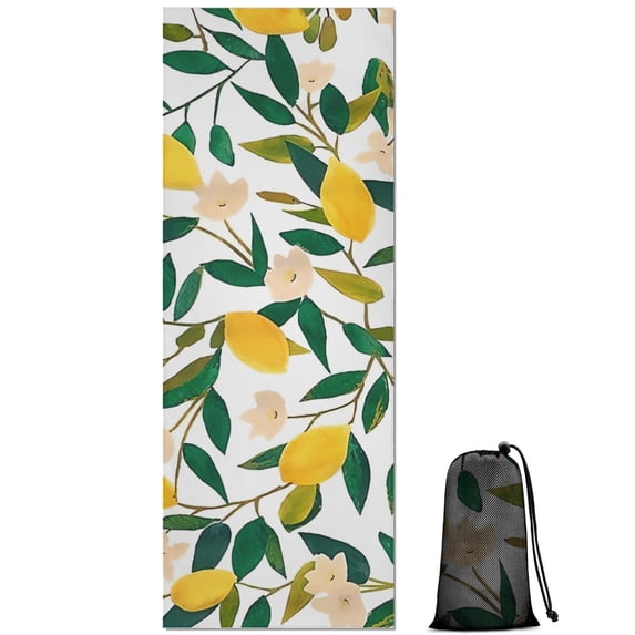 Yellow Lemon Fruit Flowers White Pattern Hot Yoga Mat Towel Non Slip for Hot Yoga - Quick-Drying Yoga Mat Cover with 4 Corner Pockets with Travel Bag - Hot Yoga Towel Non Slip 70"x26"