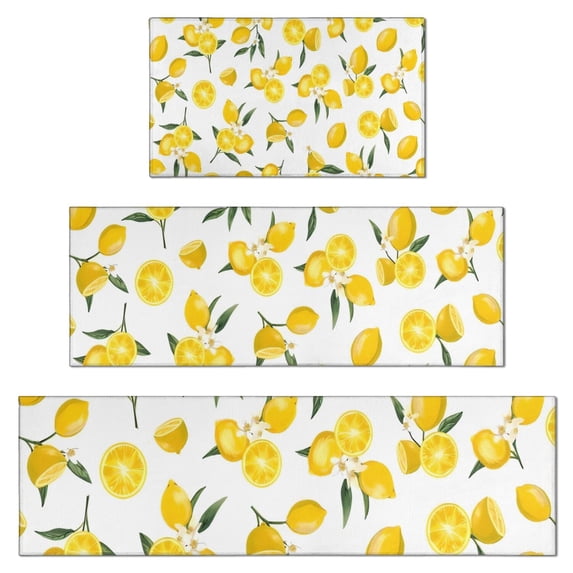 Yellow Lemon Fruit Flowers White Pattern Kitchen Rugs Sets Of 3,Kitchen Runner Rugs Non Skid Washable,Decorative Kitchen Floor Mats for Kitchen,Sink,Laundry,17"x30"+ 17"x47" + 17"x59"