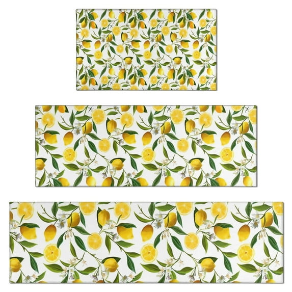 Yellow Lemon Fruit Flowers White Pattern Kitchen Rugs Sets Of 3,Kitchen Runner Rugs Non Skid Washable,Decorative Kitchen Floor Mats for Kitchen,Sink,Laundry,17"x30"+ 17"x47" + 17"x59"