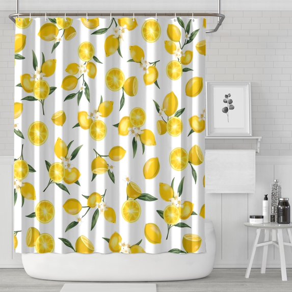 Yellow Lemon Fruit Flowers White Pattern Shower Curtain 72"x84" ,Bathroom Decorative Shower Curtains Set with 12 Hooks,Modern Waterproof Washable Shower Curtain