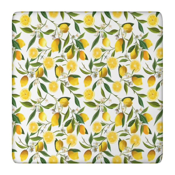Yellow Lemon Fruit Flowers White Pattern Square Fitted Tablecloth with Elastic Edge,Square Table Cover,Washable Elastic Table Cover for Home Kitchen Party Decor 36"x36"