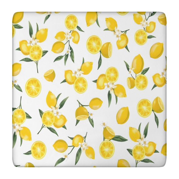 Yellow Lemon Fruit Flowers White Pattern Square Fitted Tablecloth with Elastic Edge,Square Table Cover,Washable Elastic Table Cover for Home Kitchen Party Decor 36"x36"
