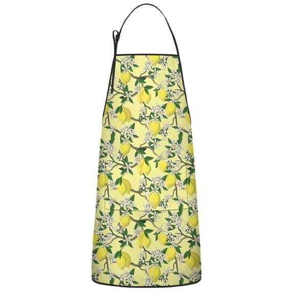 Yellow Lemon Fruit Flowers Yellow Pattern Apron-Garden Aprons for Women with Pockets-Cotton Linen Waterproof Kitchen Cooking Gardening Aprons Adjustable for Kitchen,Cooking,BBQ and Salon 33x27 Inch