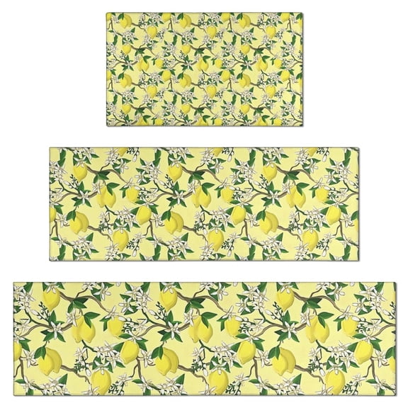 Yellow Lemon Fruit Flowers Yellow Pattern Kitchen Rugs Sets Of 3,Kitchen Runner Rugs Non Skid Washable,Decorative Kitchen Floor Mats for Kitchen,Sink,Laundry,17"x30"+ 17"x47" + 17"x59"