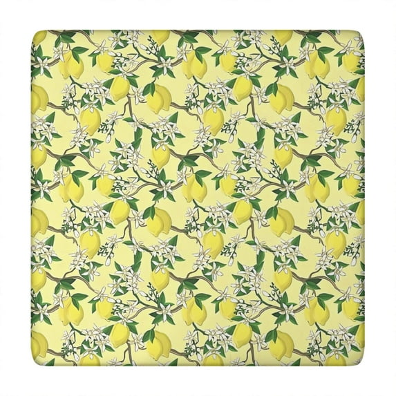 Yellow Lemon Fruit Flowers Yellow Pattern Square Fitted Tablecloth with Elastic Edge,Square Table Cover,Washable Elastic Table Cover for Home Kitchen Party Decor 34"x34"