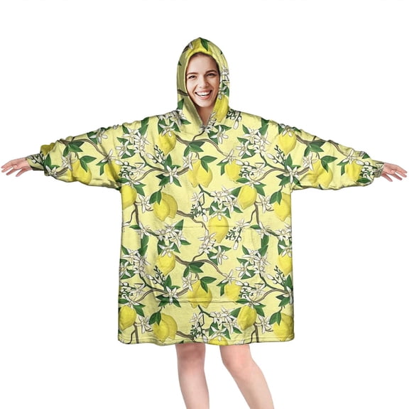 Yellow Lemon Fruit Flowers Yellow Pattern Wearable Oversized Blanket,Wearable Blanket Hoodie for Adults,Cozy Hooded Blankets with Super Pockets,Super Warm Fuzzy Pullover for Women & Men