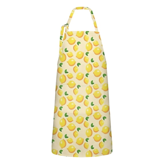 Yellow Lemon Fruit Leaves Beige Pattern Apron-Garden Aprons for Women with Pockets-Cotton Linen Waterproof Kitchen Cooking Gardening Aprons Adjustable for Kitchen,Cooking,BBQ and Salon 33x27 Inch