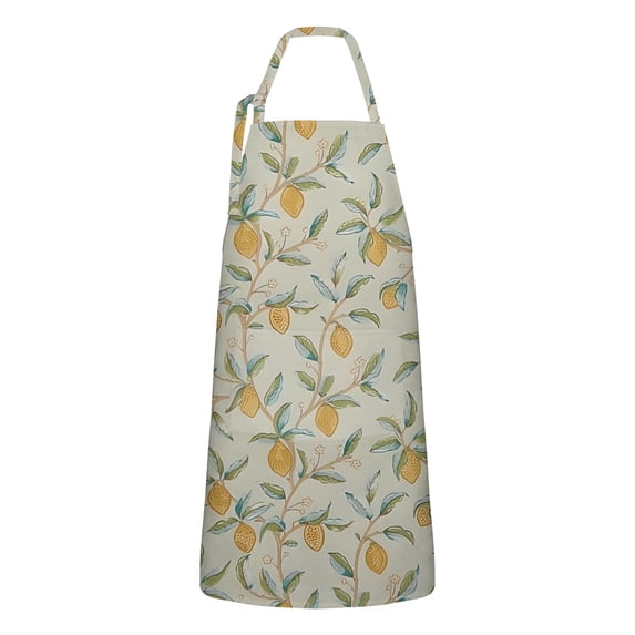 Yellow Lemon Fruit Leaves Beige Pattern Apron-Garden Aprons for Women with Pockets-Cotton Linen Waterproof Kitchen Cooking Gardening Aprons Adjustable for Kitchen,Cooking,BBQ and Salon 33x27 Inch