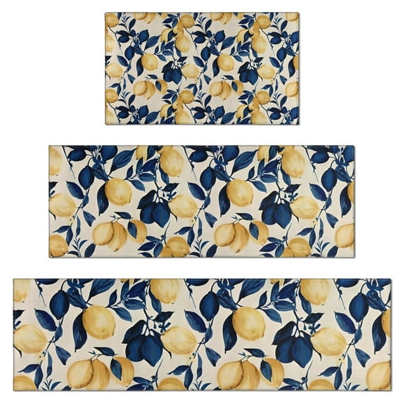 Yellow Lemon Fruit Leaves Beige Pattern Kitchen Rugs Sets Of 3,Kitchen Runner Rugs Non Skid Washable,Decorative Kitchen Floor Mats for Kitchen,Sink,Laundry,17"x30"+ 17"x47" + 17"x59"