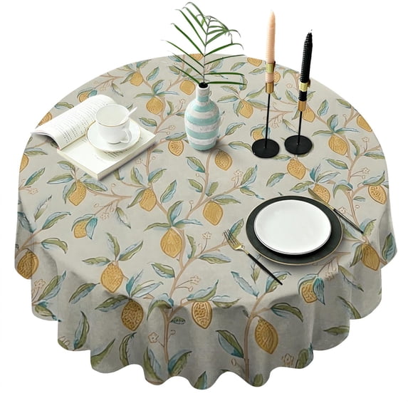 Yellow Lemon Fruit Leaves Beige Pattern Round Tablecloth 60"x60",Wrinkle Wipeable Table Cloth for Kitchen Dining Room Picnic Patio Party