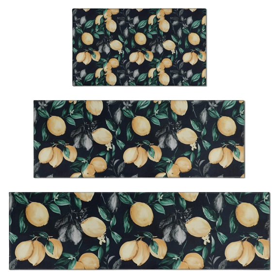 Yellow Lemon Fruit Leaves Black Pattern Kitchen Rugs Sets Of 3,Kitchen Runner Rugs Non Skid Washable,Decorative Kitchen Floor Mats for Kitchen,Sink,Laundry,17"x30"+ 17"x47" + 17"x59"