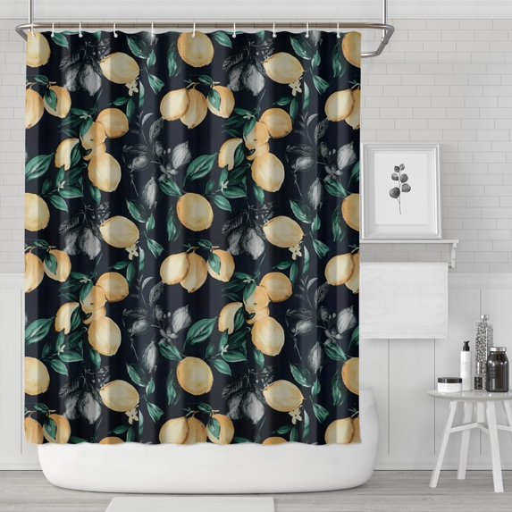 Yellow Lemon Fruit Leaves Black Pattern Shower Curtain 72"x84" ,Bathroom Decorative Shower Curtains Set with 12 Hooks,Modern Waterproof Washable Shower Curtain
