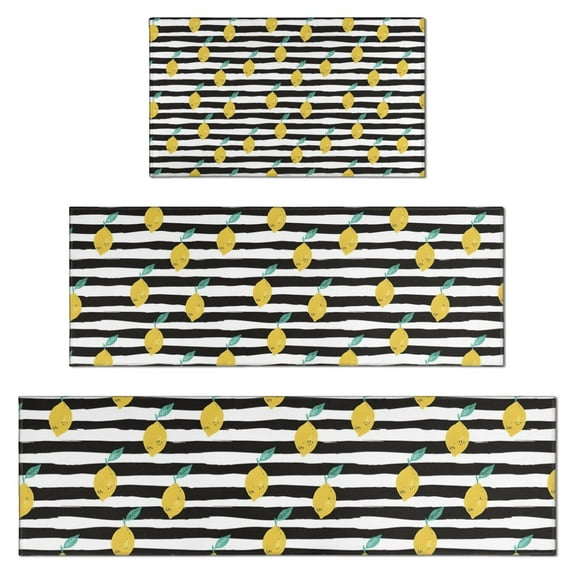 Yellow Lemon Fruit Leaves BlackWhite Pattern Kitchen Rugs Sets Of 3,Kitchen Runner Rugs Non Skid Washable,Decorative Kitchen Floor Mats for Kitchen,Sink,Laundry,17"x30"+ 17"x47" + 17"x59"