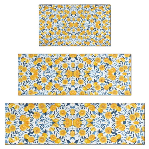 Yellow Lemon Fruit Leaves Blue Pattern Kitchen Rugs Sets Of 3,Kitchen Runner Rugs Non Skid Washable,Decorative Kitchen Floor Mats for Kitchen,Sink,Laundry,17"x30"+ 17"x47" + 17"x59"