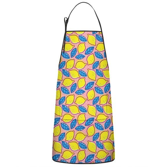 Yellow Lemon Fruit Leaves Pink Pattern Apron-Garden Aprons for Women with Pockets-Cotton Linen Waterproof Kitchen Cooking Gardening Aprons Adjustable for Kitchen,Cooking,BBQ and Salon 33x27 Inch